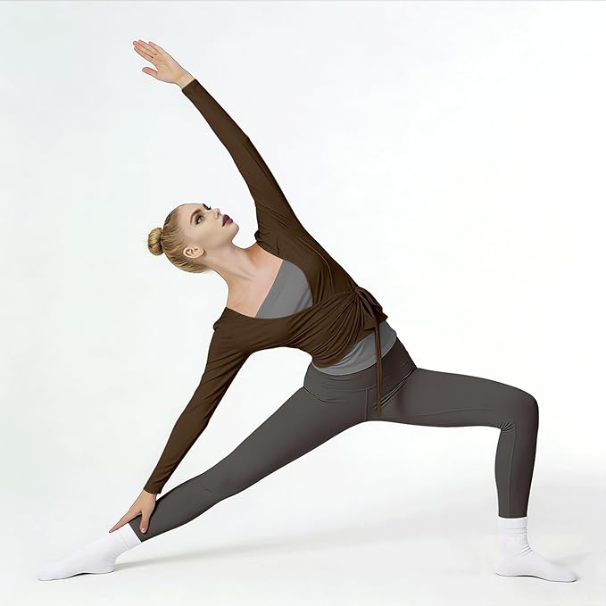 Women Pilates Wrap Top Ballet Tie Workout Shirt Long Sleeve Cross Sexy Deep V Neck Yoga Coquette Blouses Y2k Active Gym