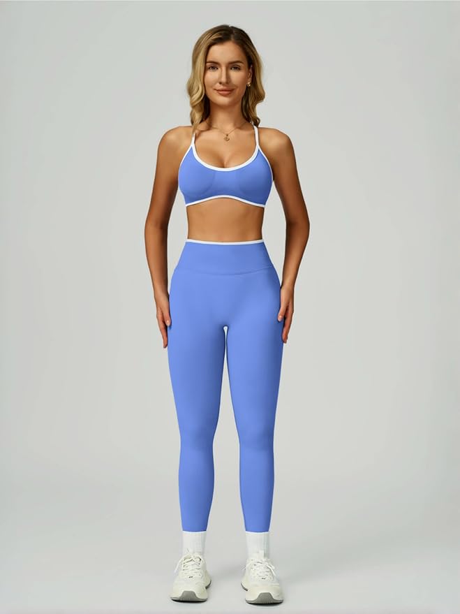 ABOCIW Womens 2 Piece Workout Sets Seamless Color Block Sports Bra Scrunch Butt Lifting High Waist Leggings Gym Set