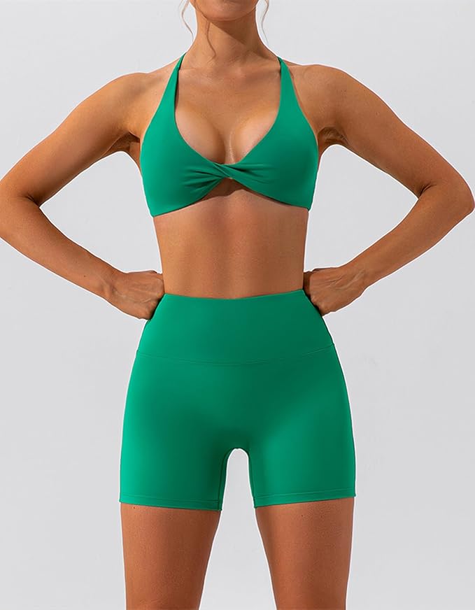 ABOCIW Workout Sets for Women 2 Piece Twist Front Halter Sports Bras High Waist Biker Shorts Exercise Gym Yoga Outfit