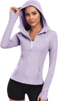 Women's Hooded Athletic Full Zip Workout Jacket With Pockets Running Slim Fit Yoga Sportwear With Thumb Holes