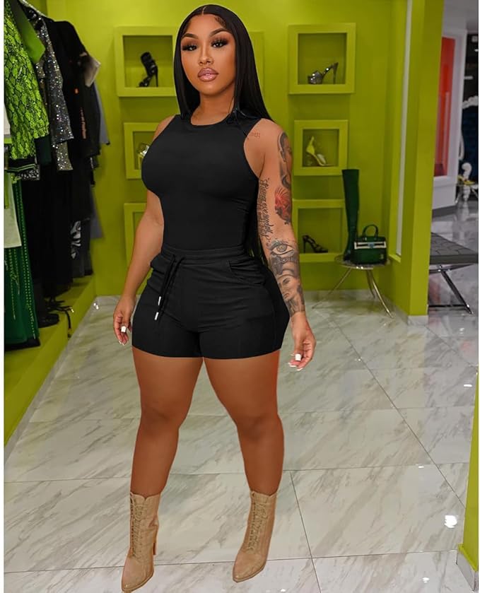 HBQ Women 2 Piece Outfits Sleeveless Tank Tops Biker Short Workout Jogger Sets Summer
