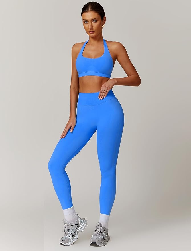ABOCIW Workout Sets for Women Seamless Scunch Butt Lifting Impact Leggings Halter Sports Bra 2 Piece Gym Outfits