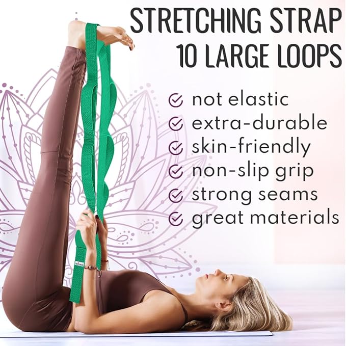 TECEUM Stretching Strap for Yoga & Physical Therapy – 10 Loops – Non-elastic Leg Stretch Straps for Stretching, Exercising, Pilates, Post-injury Rehabilitation for All Levels – Men & Women