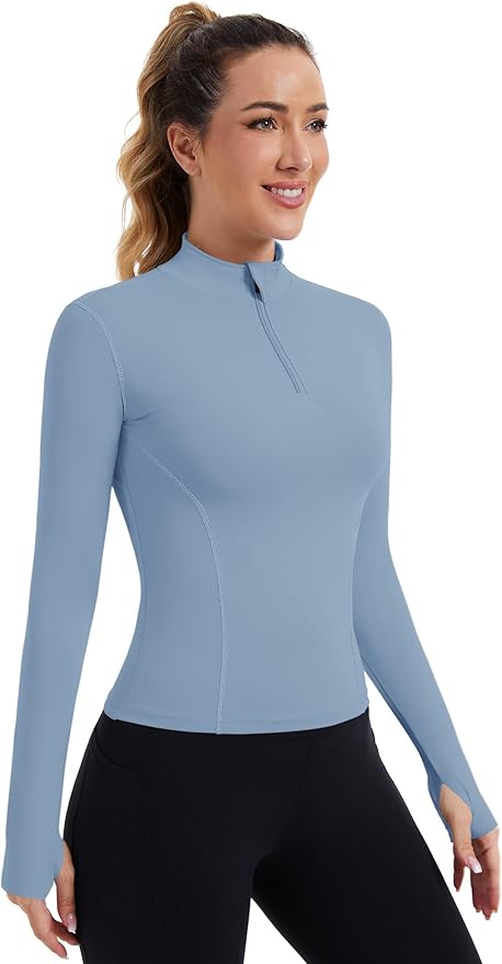 ZHENWEI Womens Workout Tops Long Sleeve Quarter Zip Pullover Quick Dry Golf Shirt Athletic Slim Fit Crop Yoga Gym Tops
