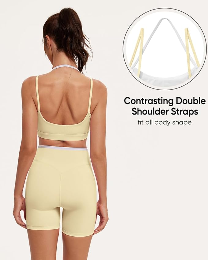 OMKAGI Workout Sets for Women Cute Doubel Layer Open Back Sports Bras Gym Shorts Outfits