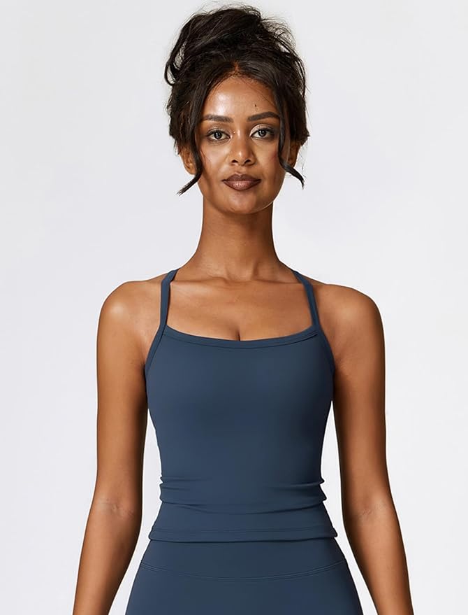 QBGJTD Womens Longline Sports Bras Cross Back Active Gym Yoga Padded Workout Crop Tank Top with Built in Bra