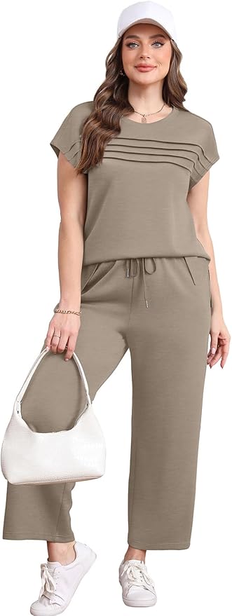 WIHOLL Two Piece Sets for Women Summer Spring Travel Vacation Outfits Cap Sleeve Lounge Matching Sets Wide Leg Pants S-3XL