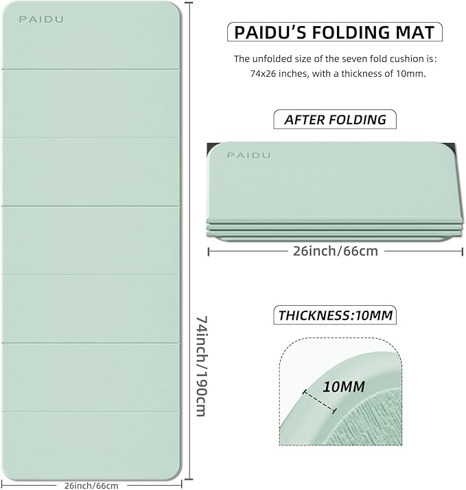 PAIDU Foldable Fitness Yoga Mat | 2/5" (10MM) Extra Thick | SGS Certified Non-Slip TPE | 75x26" Extra Long-Wide | Portable & Easy Store | for Yoga, Pilates, Home Gym & Full-Body Workouts