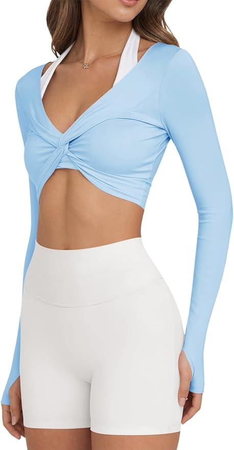 Yousify Womens Long Sleeve Workout Crop Tops Twist Deep V Neck Y2k Yoga Pilates Ballet T Shirt Top with Thumb Holes