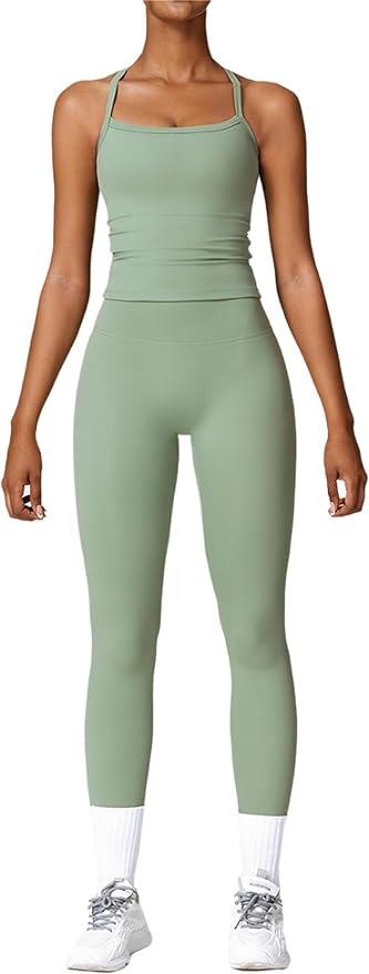 QBGJTD Womens Workout Sets Two Piece Cross Back Tank Top Matching High Waist Leggings Sets Gym Outfits Work Out Clothes