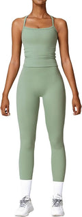 QBGJTD Womens Workout Sets Two Piece Cross Back Tank Top Matching High Waist Leggings Sets Gym Outfits Work Out Clothes