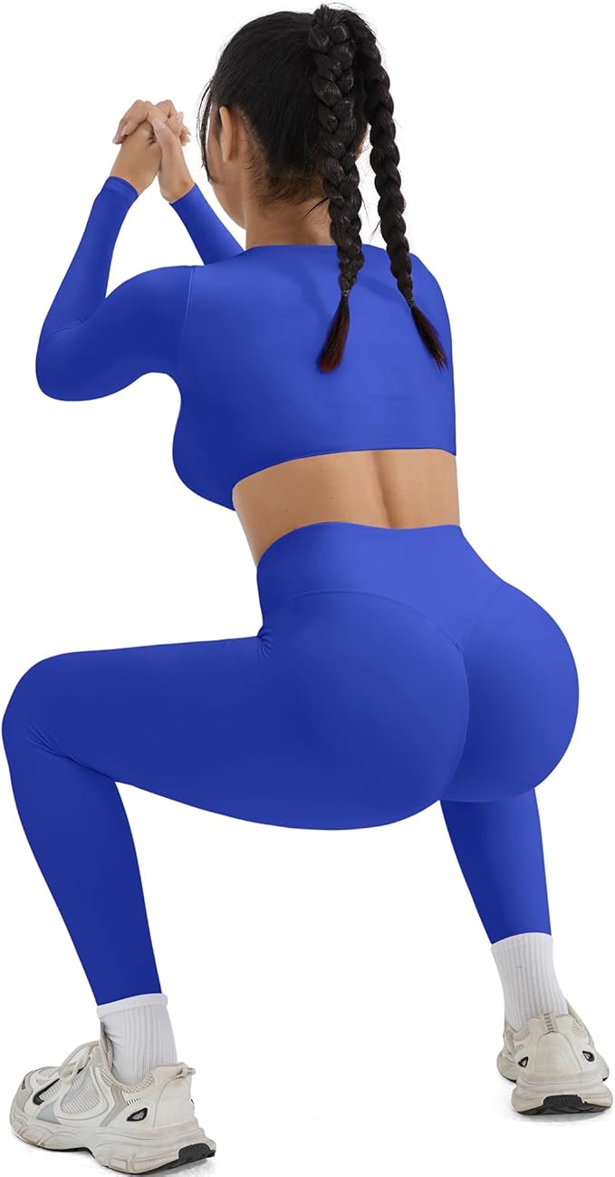 SUUKSESS Women 2 Piece Workout Sets Compression Tummy Control Leggings with Pockets Long Sleeve Square Neck Padded Crop Tops