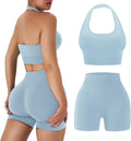 OLCHEE Workout Sets for Women 2 Piece Backless Halter Sports Bra High Waist Booty Shorts Yoga Gym Outfits Lounge Activewear