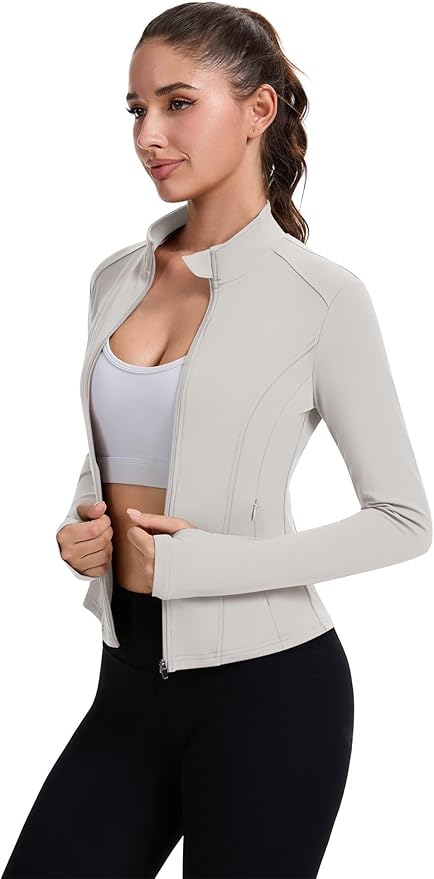 ZHENWEI Workout Jackets for Women Full Zip Up Cropped Athletic Long Sleeve Lightweight Slim Fit Running Tops with Pockets