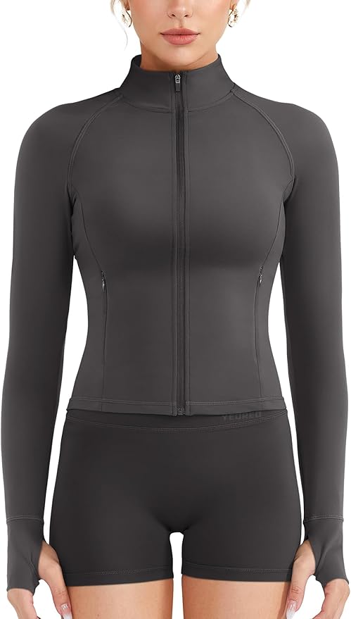 YEOREO Women Full Zip Workout Jacket with Pockets Thumb Hole Long Sleeve Athletic Cropped Jackets Gym Yoga Top
