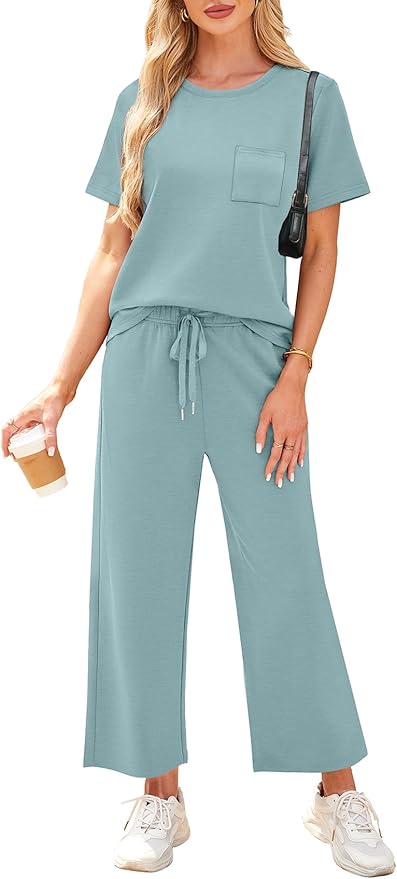 WIHOLL 2 Piece Sets for Women Casual Summer Travel Vacation Outfits Short Sleeve Wide Leg Crop Pants Lounge Sets