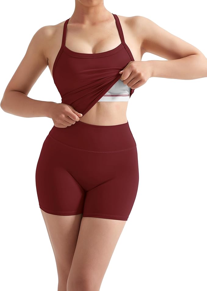 SUUKSESS Women 2 Piece Workout Sets High Waisted Tummy Control Biker Shorts Halter Padded Tank Tops