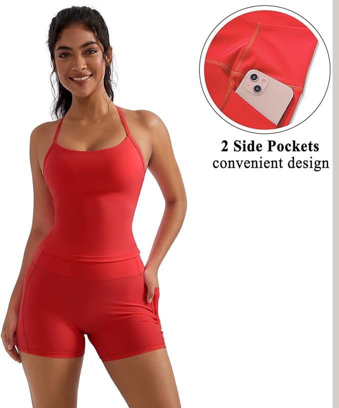 OMKAGI 2 Piece Workout Sets for Women Padded Sports Bra Tank Booty Gym Shorts with Pockets