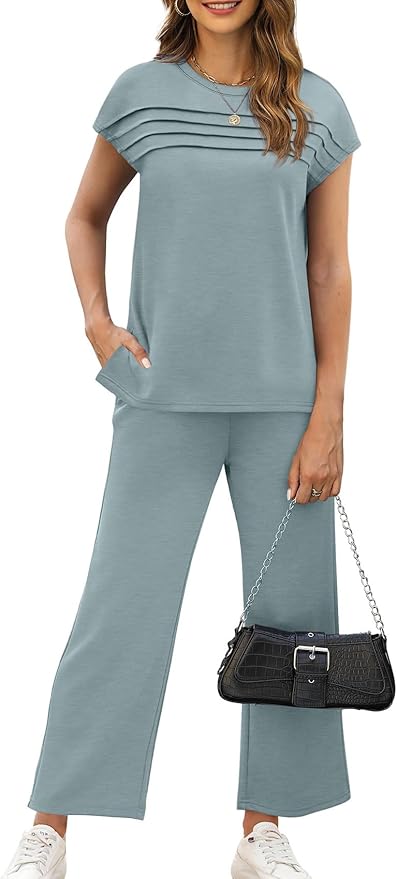 WIHOLL Two Piece Sets for Women Summer Spring Travel Vacation Outfits Cap Sleeve Lounge Matching Sets Wide Leg Pants S-3XL