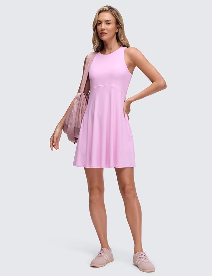 CRZ YOGA Cloudweight Double Layer Midi Dress for Women - Crewneck Flowy Tank Top Sleeveless Outfits for Casual Travel