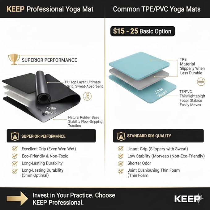 KEEP Rubber Yoga Mat - Professional Sweat Absorbent PU & Natural Rubber. Non Slip Workout Mats for Women & Men, 5mm Thick, 74"x26" Extra Long Wide Pad for Hot Yoga, Pilates, HIIT, Home Gym - Strap Included