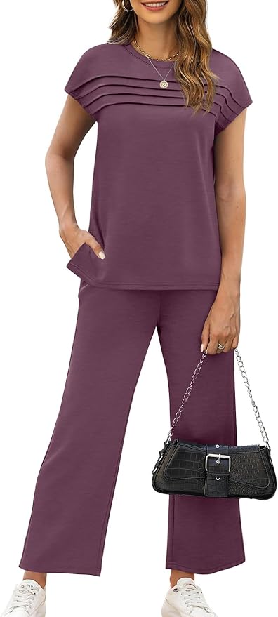 WIHOLL Two Piece Sets for Women Summer Spring Travel Vacation Outfits Cap Sleeve Lounge Matching Sets Wide Leg Pants S-3XL