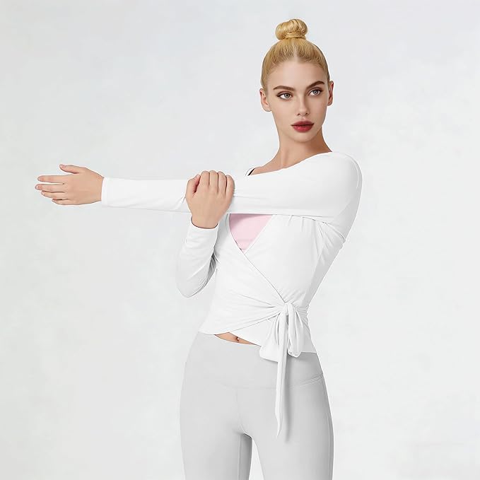 Women Pilates Wrap Top Ballet Tie Workout Shirt Long Sleeve Cross Sexy Deep V Neck Yoga Coquette Blouses Y2k Active Gym