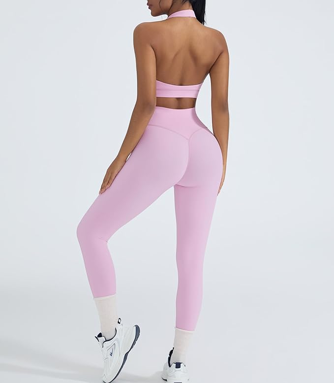 OMKAGI 2 Piece Workout Sets for Women Halter Sports Bras Gym Sets Booty Leggings Outfits