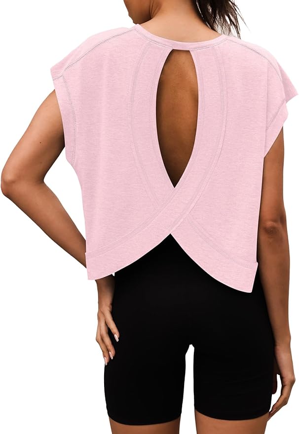 Women Open Back Workout Shirts Short Sleeve Tops Casual Yoga Y2k Athletic Gym Running Crop Tees