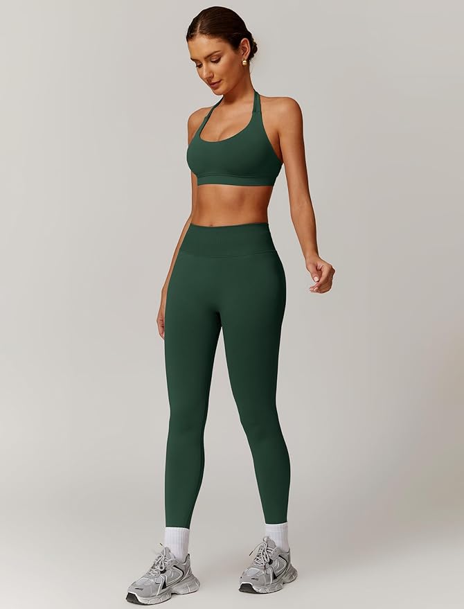 ABOCIW Workout Sets for Women Seamless Scunch Butt Lifting Impact Leggings Halter Sports Bra 2 Piece Gym Outfits