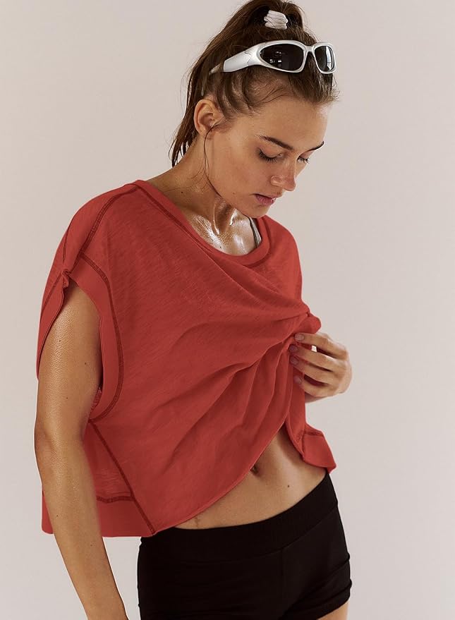Kumufenc Women Short Sleeve Workout Shirts Open Back Tops Casual Yoga Y2k Athletic Gym Slouchy Crop Running Tees