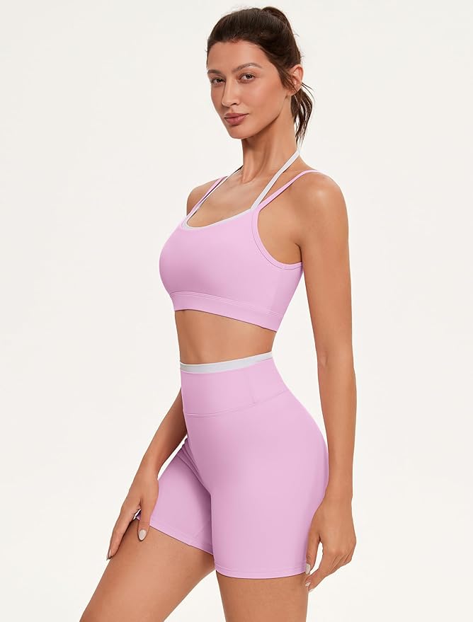 OMKAGI Workout Sets for Women Cute Doubel Layer Open Back Sports Bras Gym Shorts Outfits