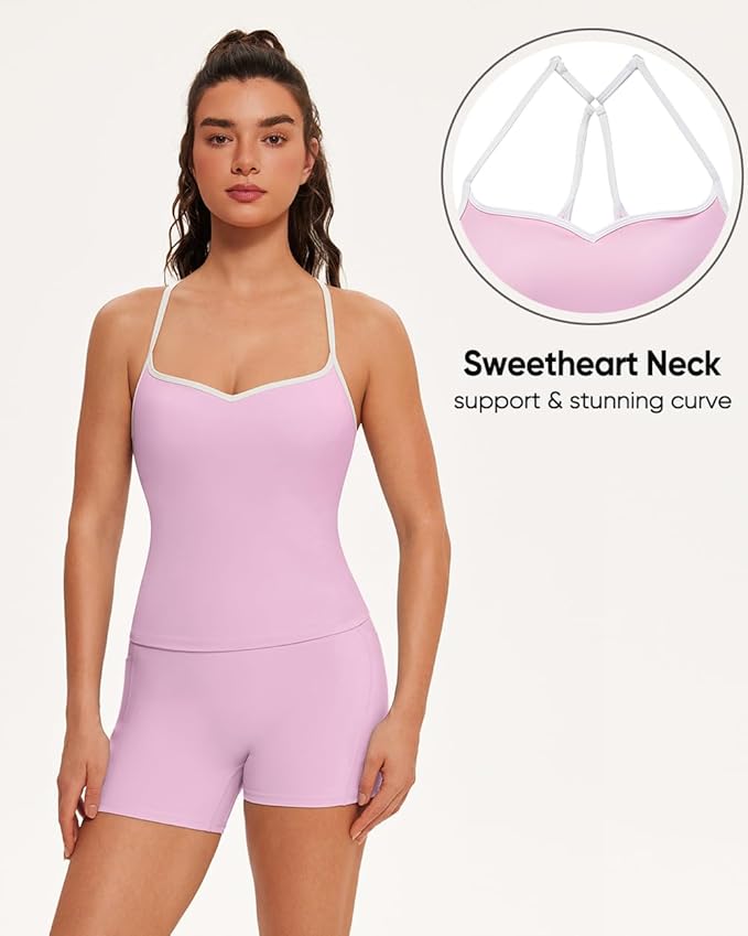 OMKAGI Sports Bras for Women Cute Sweetheart Neck Workout Tank Tops Open Back Yoga Bra Top