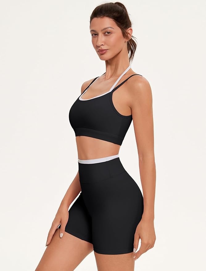 OMKAGI Workout Sets for Women Cute Doubel Layer Open Back Sports Bras Gym Shorts Outfits