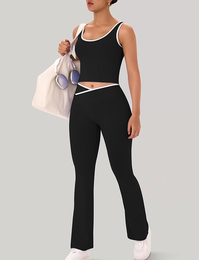 OLCHEE Womens Workout Sets 2 Piece Gym Yoga Outfits Crossover Flare Leggings Crop Tank Top with Contrast Trim