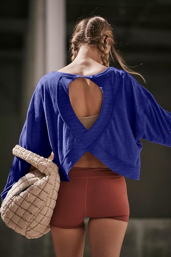 LASLULU Womens Open Back Long Sleeve Workout Tops Athletic Shirts Boat Neck Casual Running Tee Y2k Yoga Gym Tops