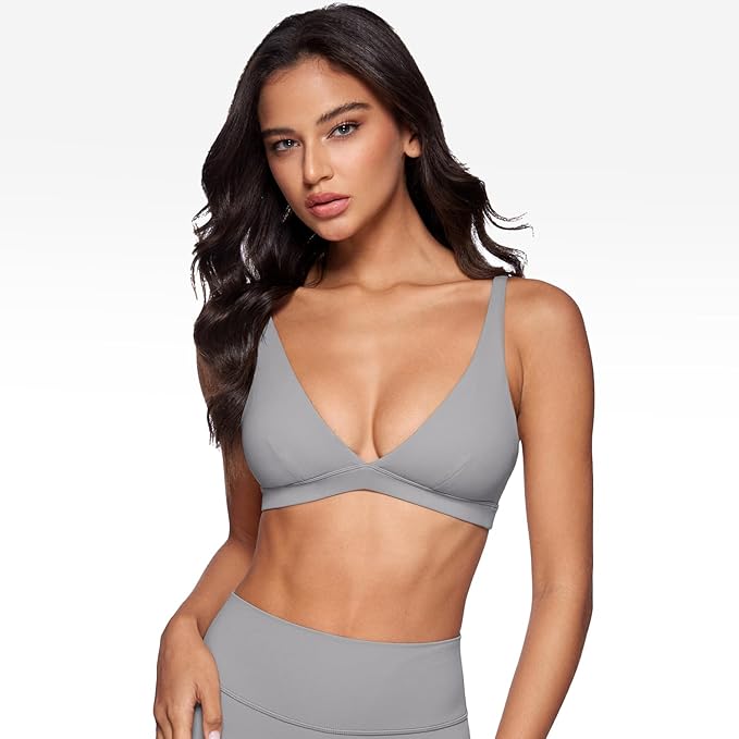 INGIA Womens Deep V-Neck Sports Bra Padded Low Impact Fitness Yoga Bra U Back Wireless Workout Bra Contour Crop Top