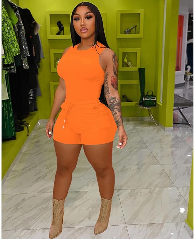 HBQ Women 2 Piece Outfits Sleeveless Tank Tops Biker Short Workout Jogger Sets Summer
