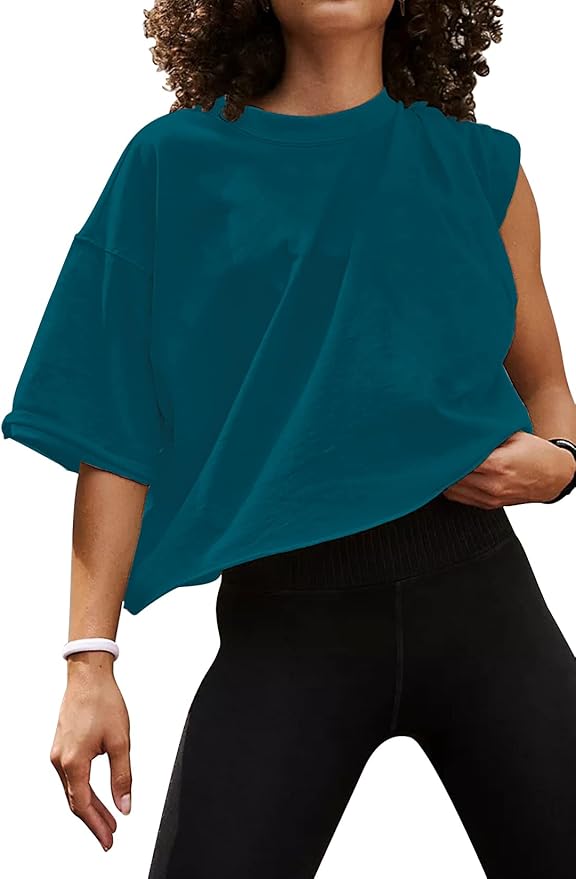 Women's Oversize Workout Crop Tops Casual Short Sleeve Drop Shoulder Boxy T-Shirts Roll Hem Basic Loose Yoga Running Tees