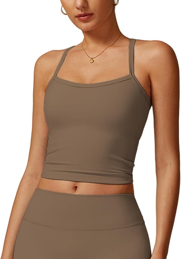 QBGJTD Womens Longline Sports Bras Cross Back Active Gym Yoga Padded Workout Crop Tank Top with Built in Bra
