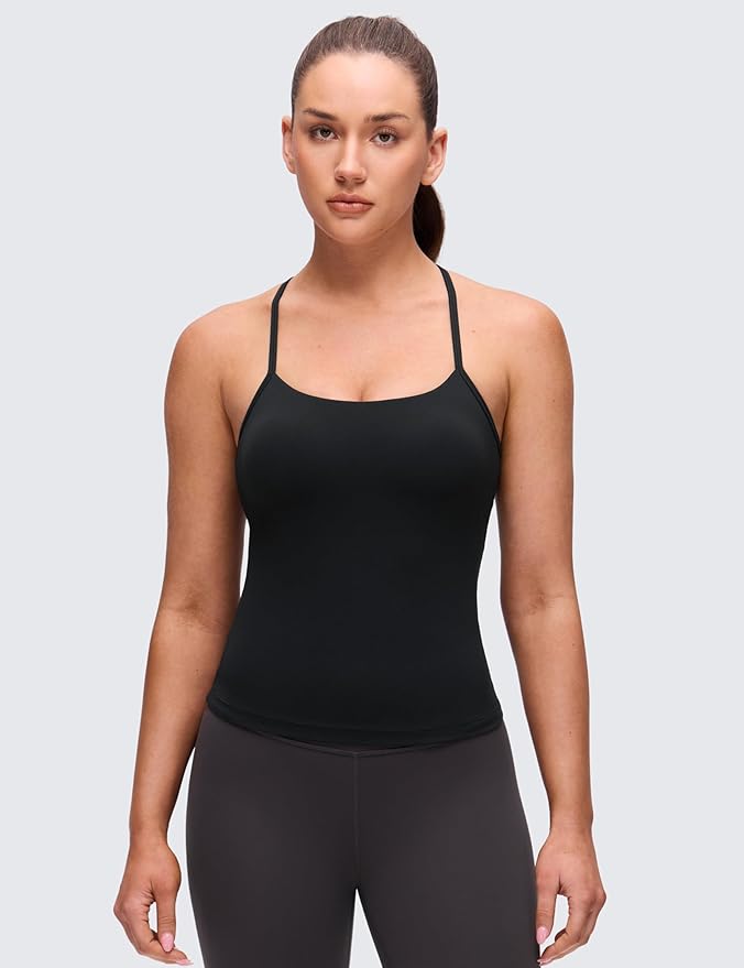 CRZ YOGA Butterluxe Racerback Tank Tops for Women - Scoop Neck Spaghetti Strap Padded Workout Camisole with Built in Bra
