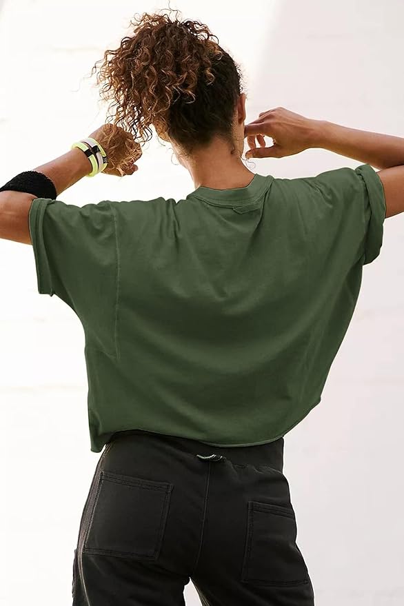 Women's Oversize Workout Crop Tops Casual Short Sleeve Drop Shoulder Boxy T-Shirts Roll Hem Basic Loose Yoga Running Tees