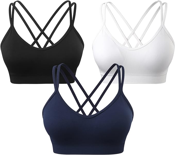 VEQKING Women's Cross Back Sports Bra Padded Strappy Medium Support Yoga Bra for Workout Fitness 3 Pack
