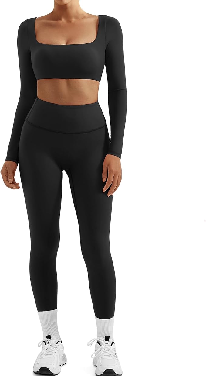SUUKSESS Women 2 Piece Workout Sets Compression Tummy Control Leggings with Pockets Long Sleeve Square Neck Padded Crop Tops