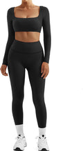 SUUKSESS Women 2 Piece Workout Sets Compression Tummy Control Leggings with Pockets Long Sleeve Square Neck Padded Crop Tops