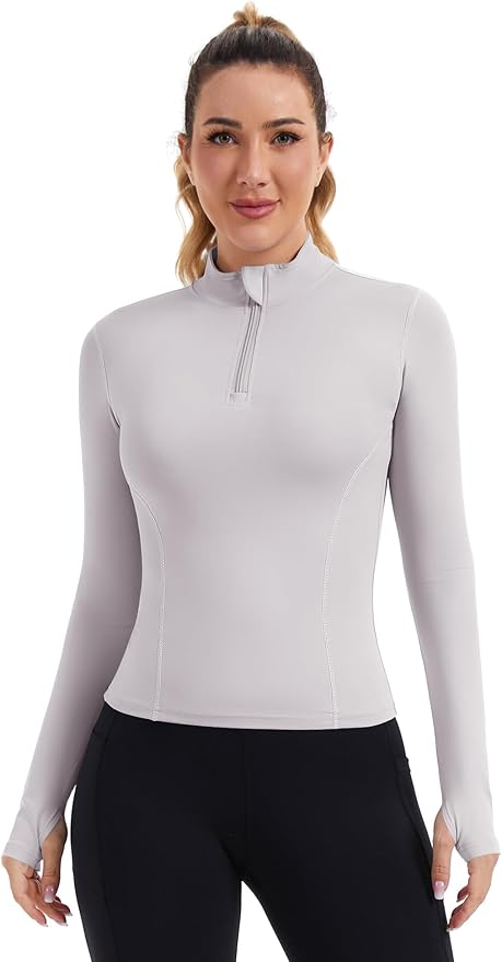 ZHENWEI Womens Workout Tops Long Sleeve Quarter Zip Pullover Quick Dry Golf Shirt Athletic Slim Fit Crop Yoga Gym Tops