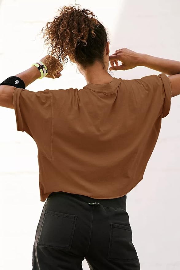 Women's Oversize Workout Crop Tops Casual Short Sleeve Drop Shoulder Boxy T-Shirts Roll Hem Basic Loose Yoga Running Tees