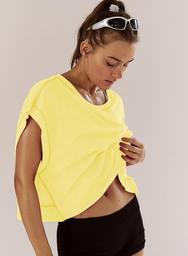 Kumufenc Women Short Sleeve Workout Shirts Open Back Tops Casual Yoga Y2k Athletic Gym Slouchy Crop Running Tees
