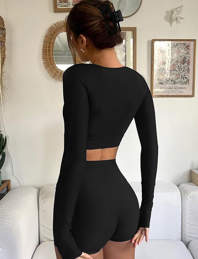 Two Piece Workout Set for Women Long Sleeve Top Matching High Waist Scrunch Butt Shorts Gym Sets Yoga Outfits Sets