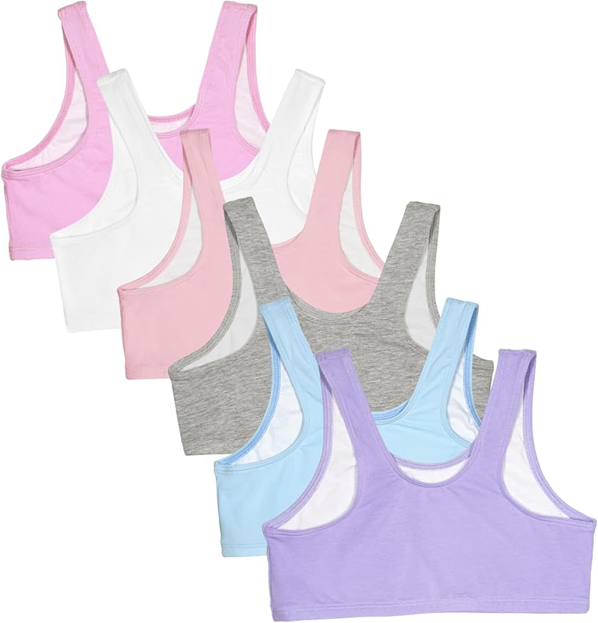 Fruit of the Loom girls Multi Pack Cotton Built -Up Stretch Sports Bra Available in 6 Packs!